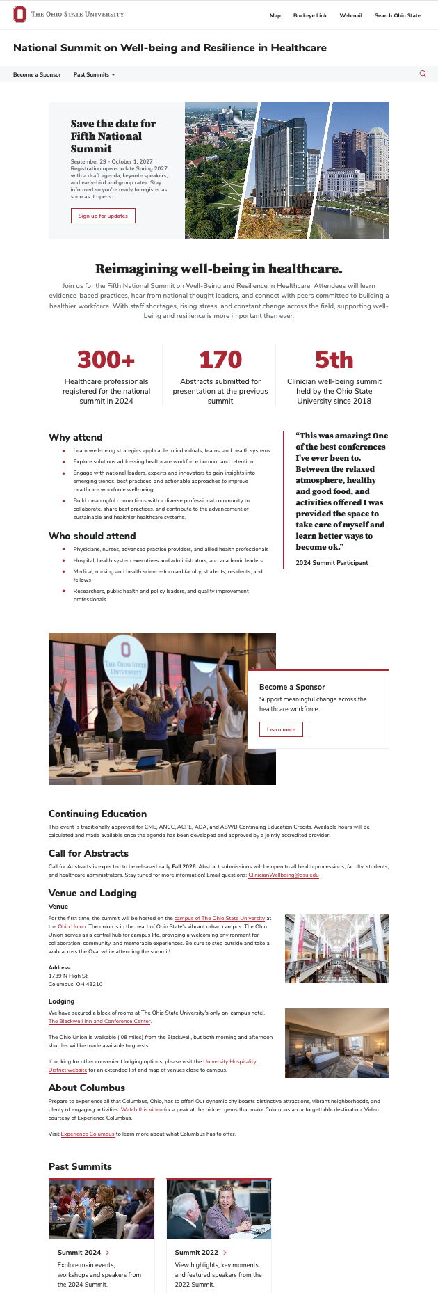 Full-length view of the redesigned Clinician Well-Being Summit homepage
