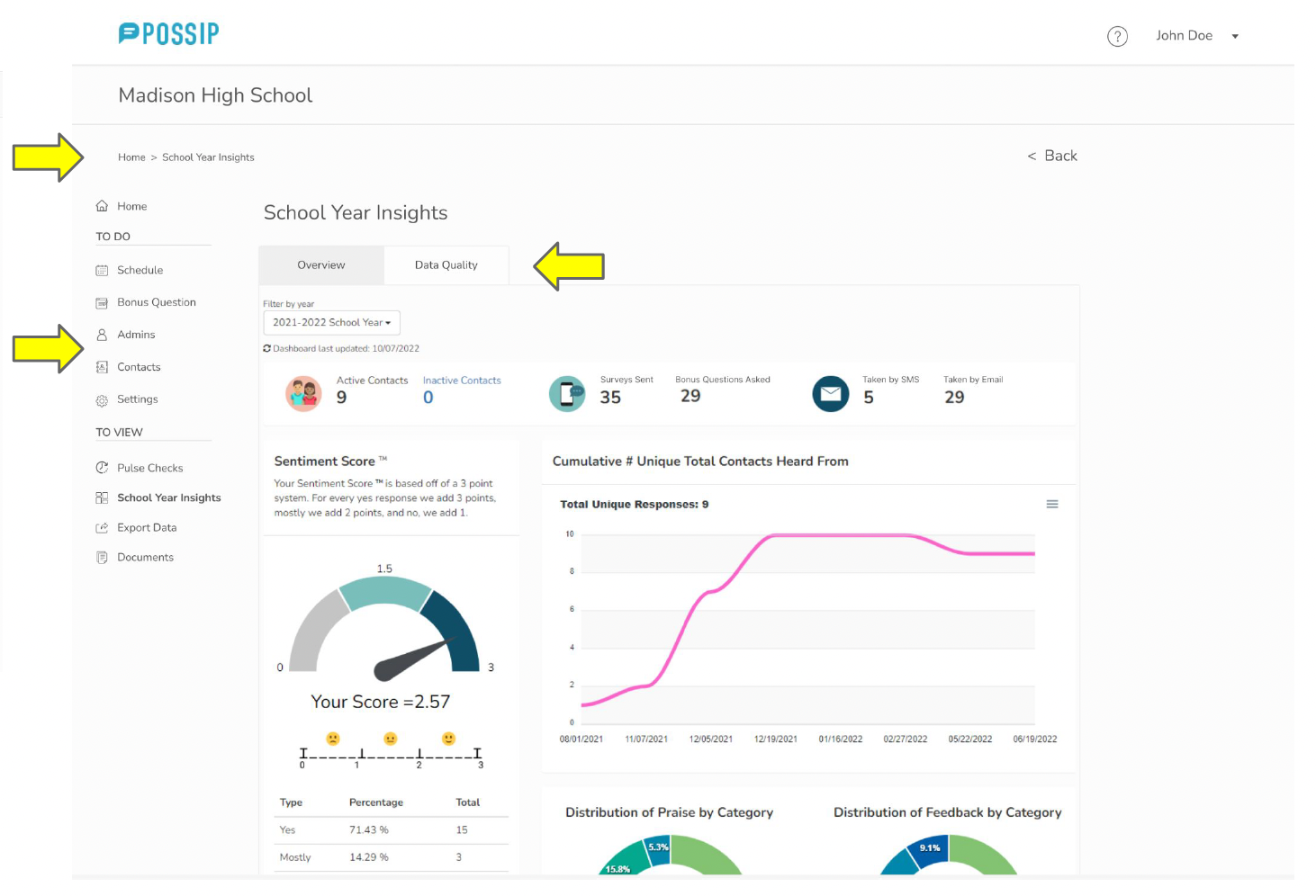 New School Year Insights page with breadcrumbs, page title, Overview and Data Quality tabs, and a left navigation