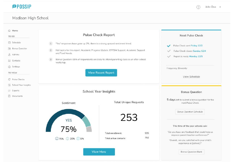 Final Possip dashboard showing pulse check report, next pulse check checklist, school year insights sentiment gauge and bonus question card