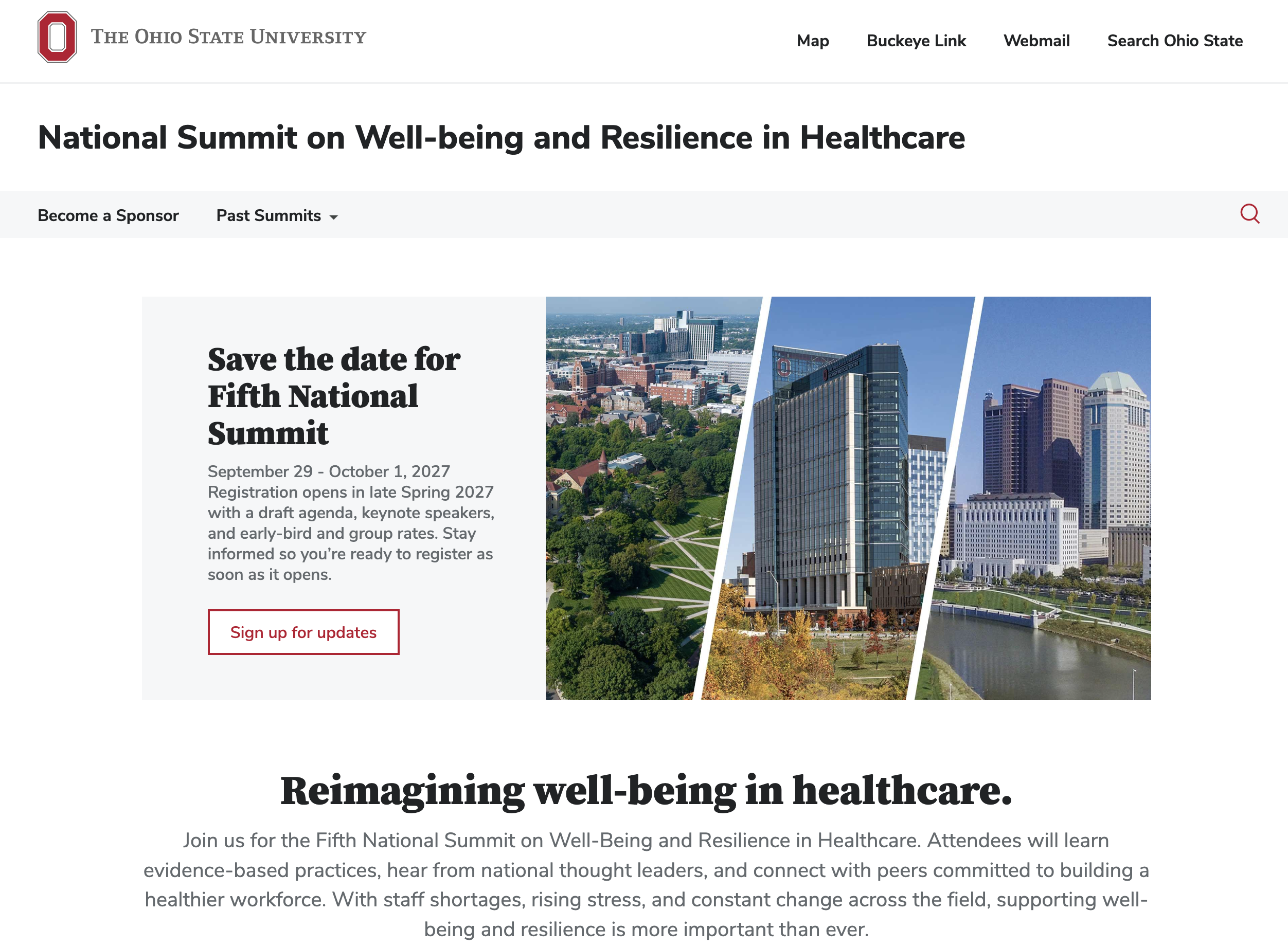 Redesigned Clinician Well-Being Summit homepage in Ohio State branding