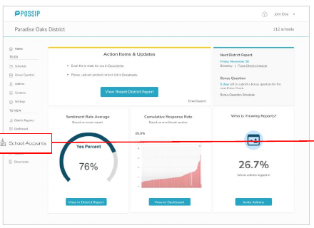 District account dashboard with a highlighted School Accounts menu item