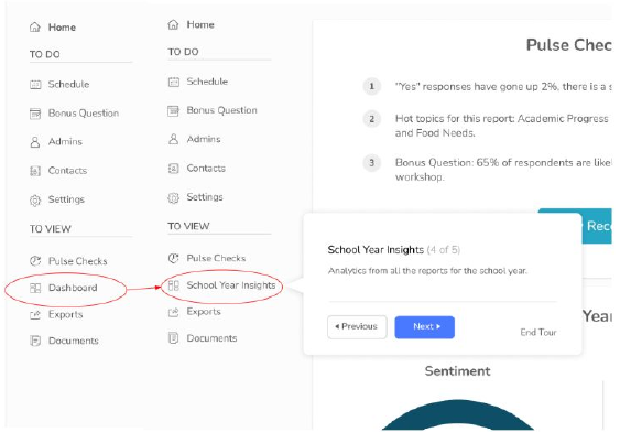 Side by side navigation menus: Dashboard renamed to School Year Insights, with a step-by-step hint tooltip